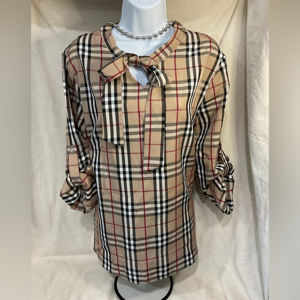 Plaid Bow Tie 3/4 Sleeve Blouse